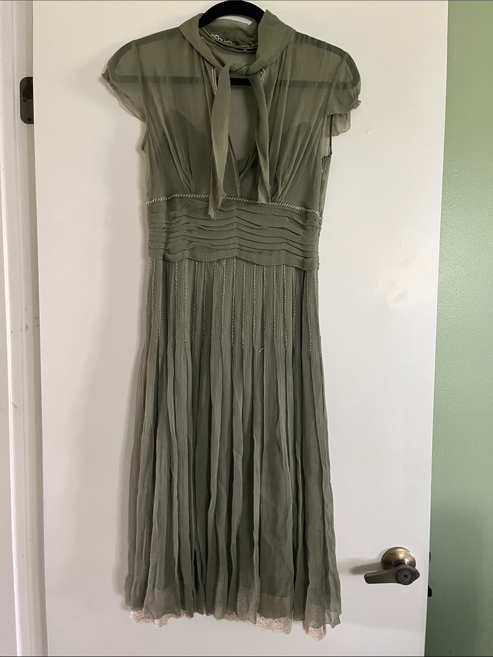 Elie Tahari Olive Green Tie-Neck Pleated Midi Dress